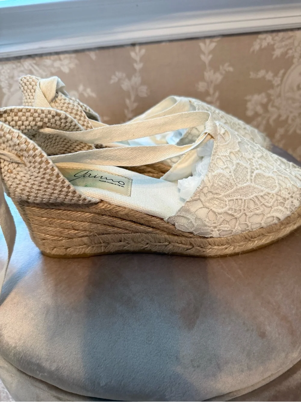 Gaimo hand made Lace Ankle-Tie Espadrille Wedges in Cream